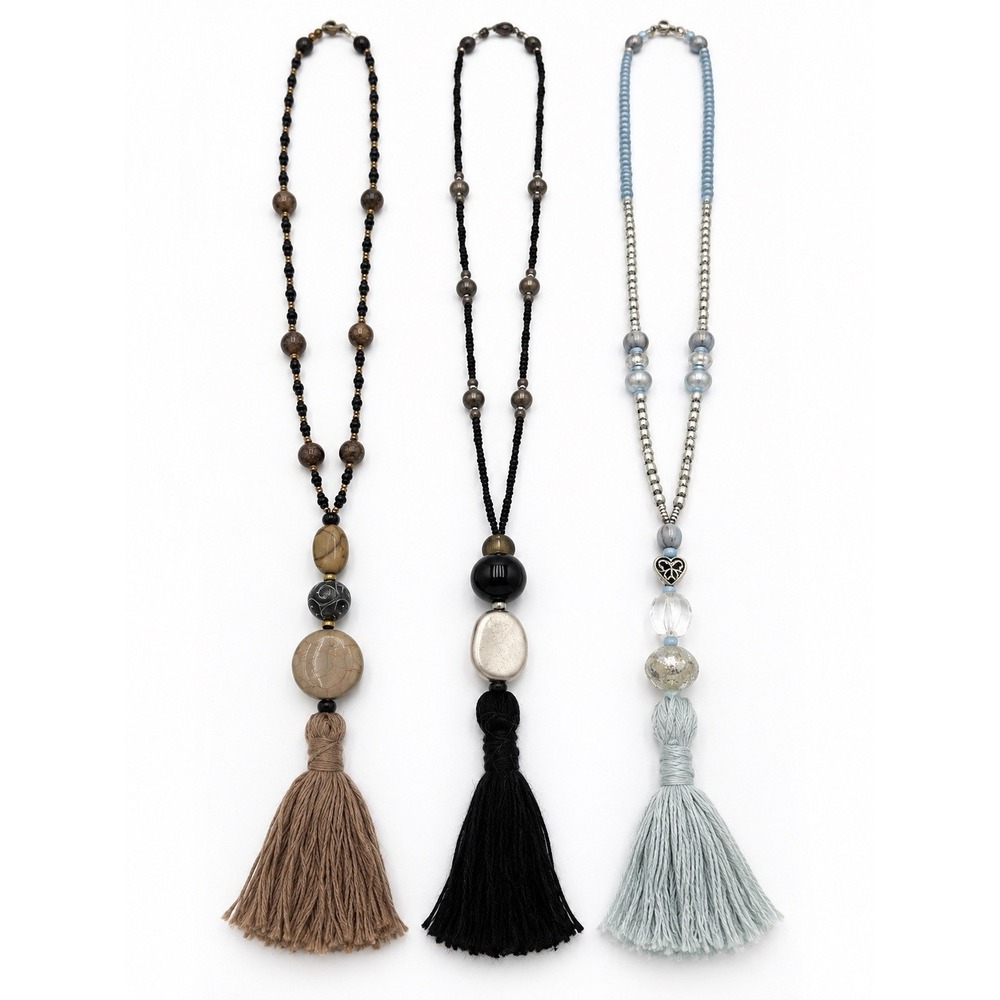 Lot of 3 Boho Long Beaded Tassel Pendant Necklaces Statement Costume Jewelry